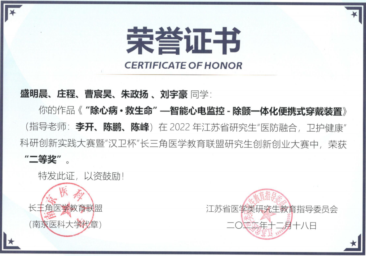 汉卫杯长三角医工创新创业大赛省二等奖